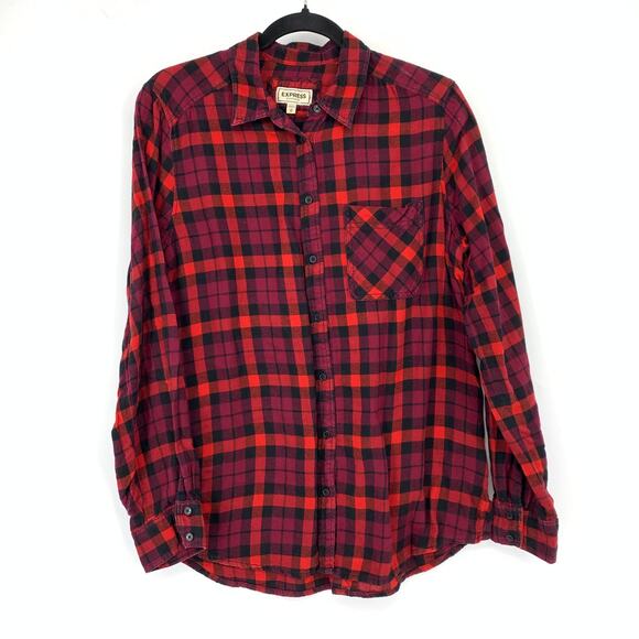 Express Boyfriend Fit Flannel Shirt Womens Size Medium Pink Red Black Plaid - Picture 1 of 6